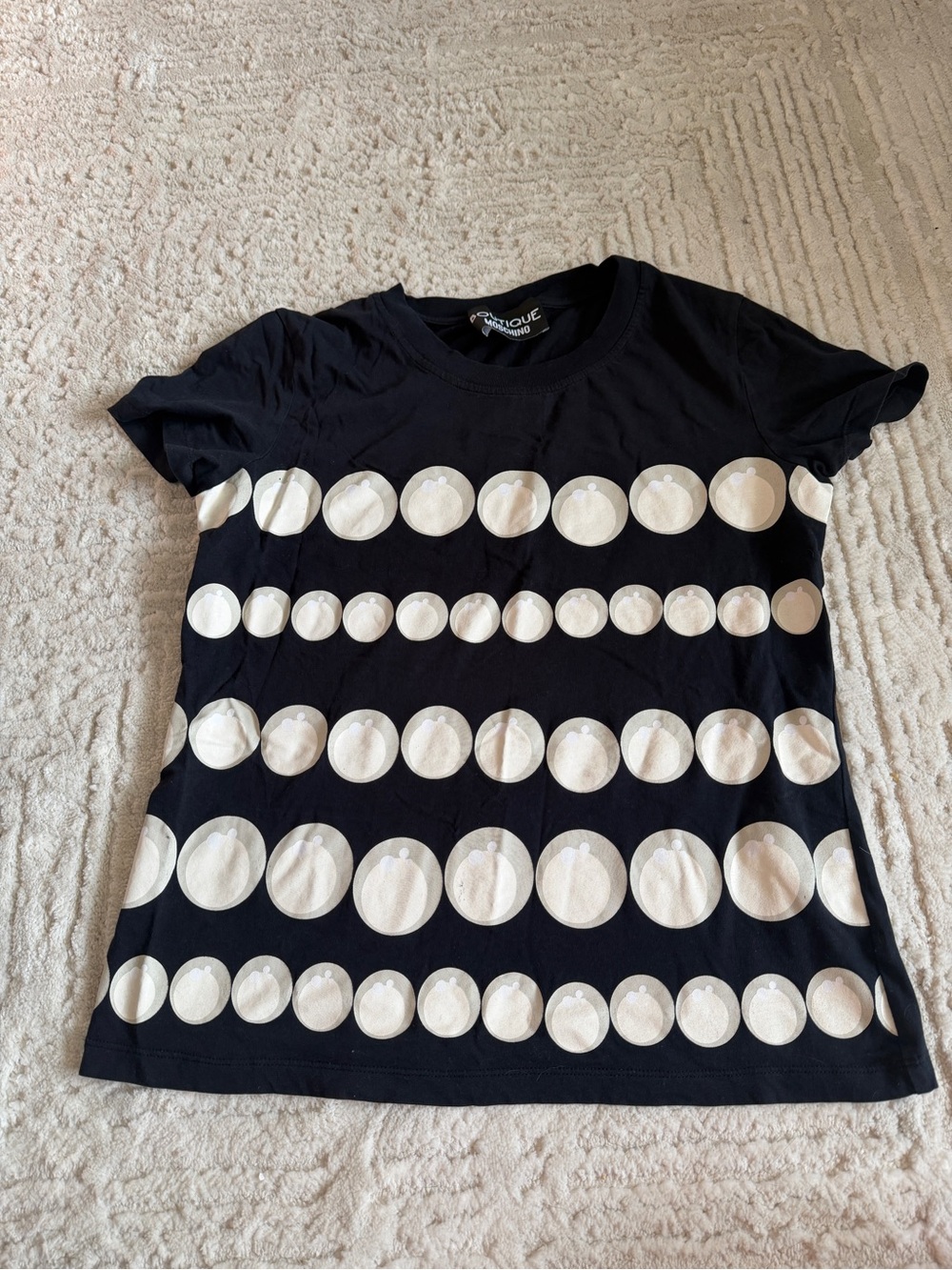 Moschino Black Tee with Cream Polka Dot Stripes